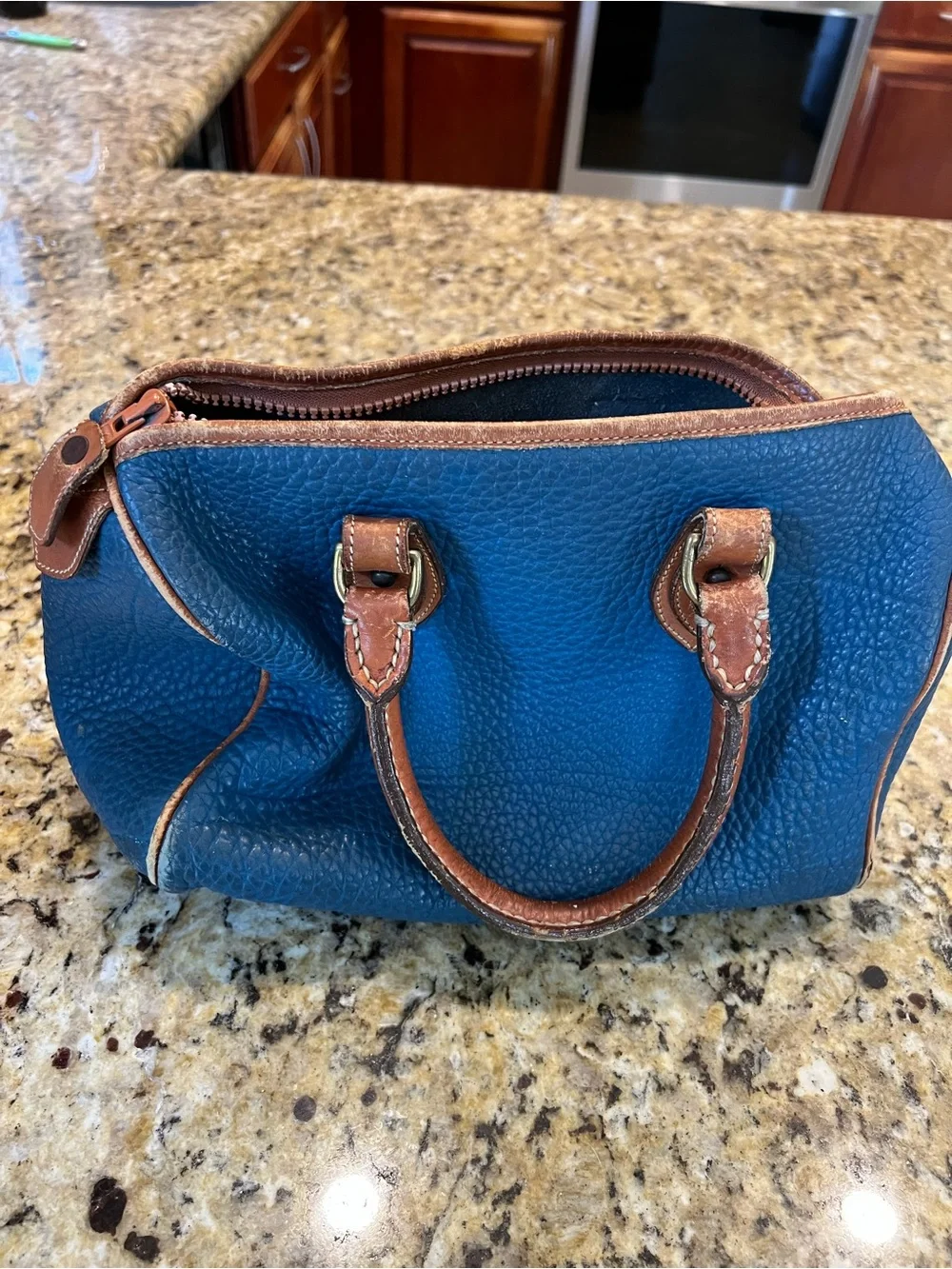 Vintage RARE Dooney & Bourke French blue All Weather Leather bag with Brown Trim